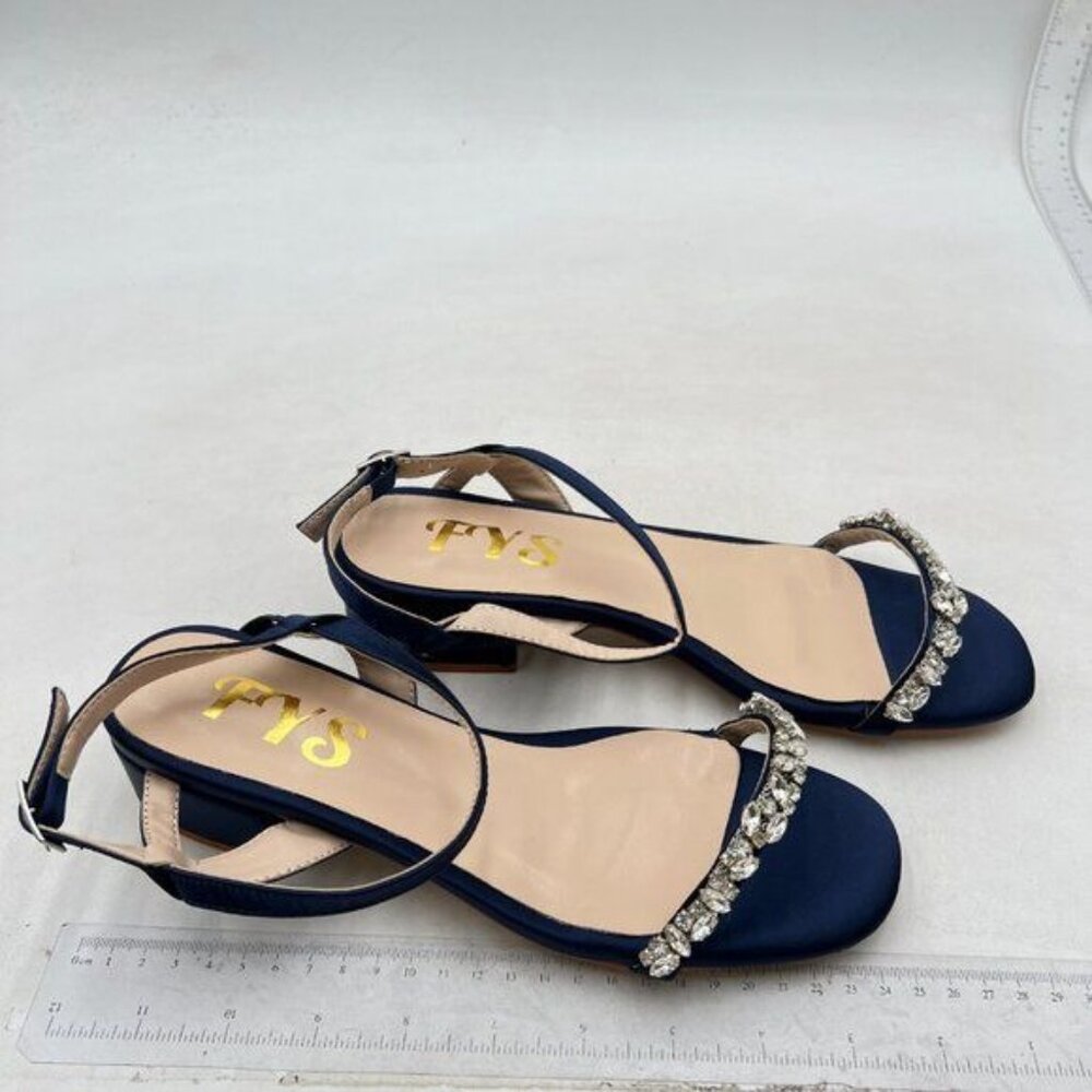 Crystal-Trim Navy Low Block Heel Sandals - Picture 4 of 7